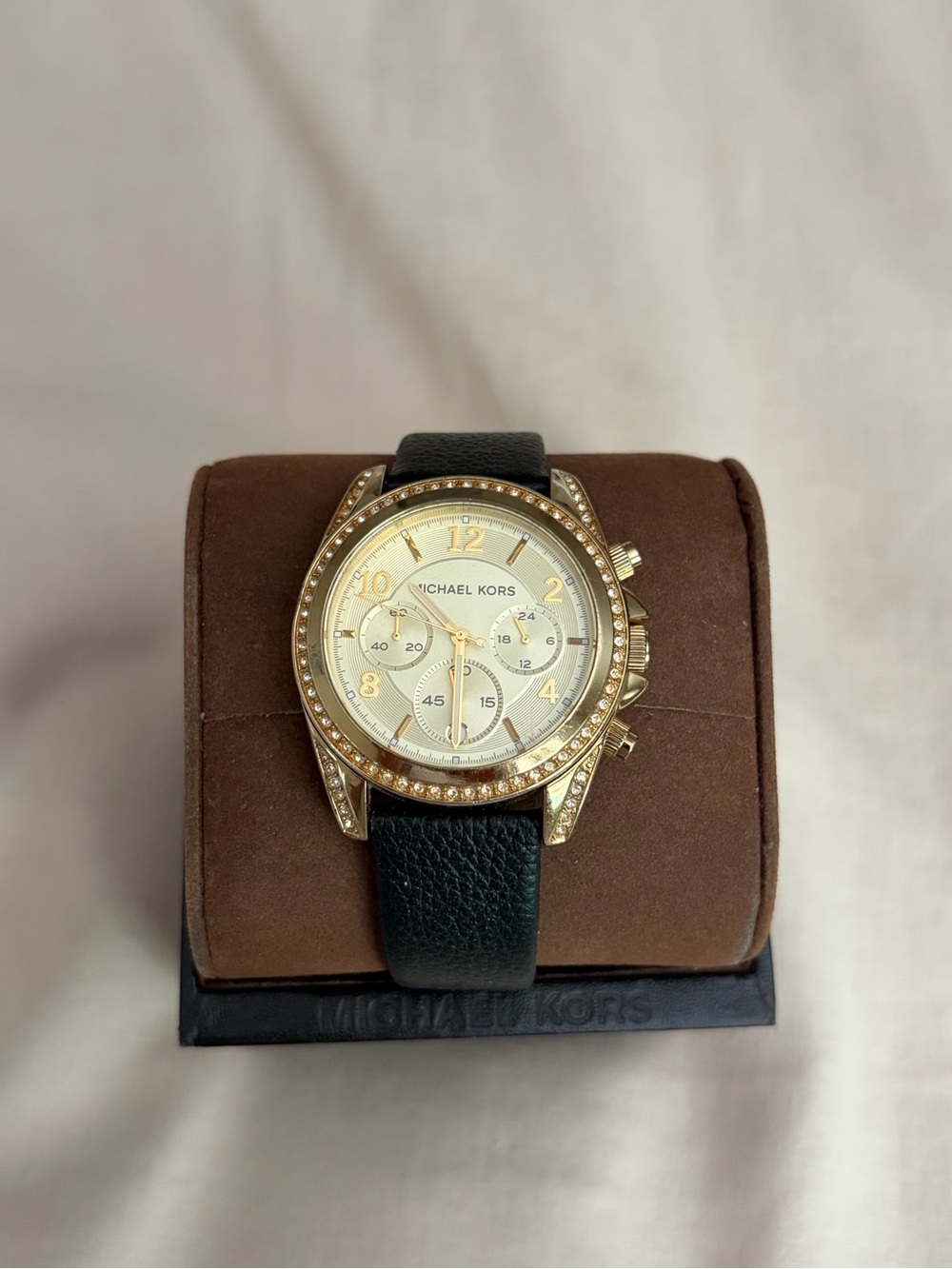 Michael Kors Gold-Tone Crystal Chronograph Watch with Black Strap